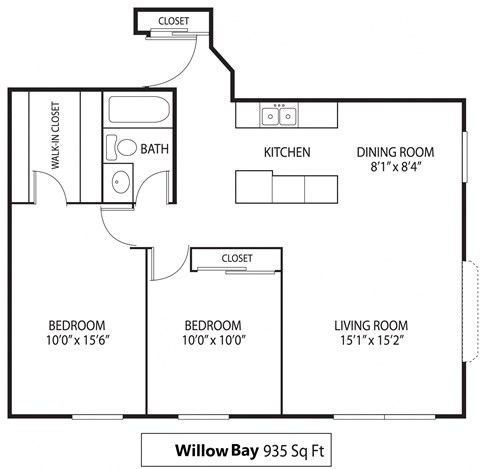 Floor plan for 2 beds, 1 bath, 935 sqft